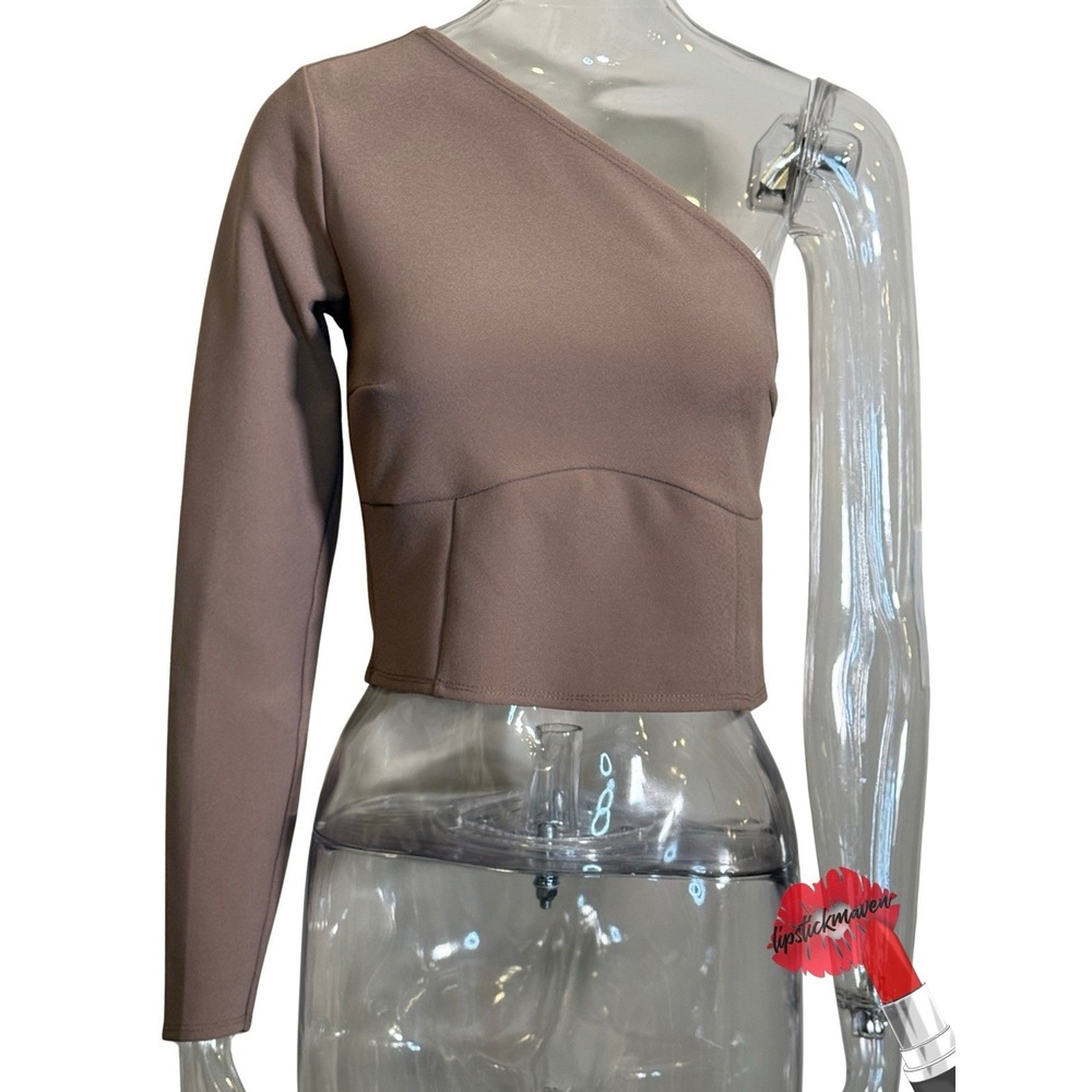 Abercrombie & Fitch Crop Top‎ Women Taupe One Shoulder Long Sleeve Minimalist